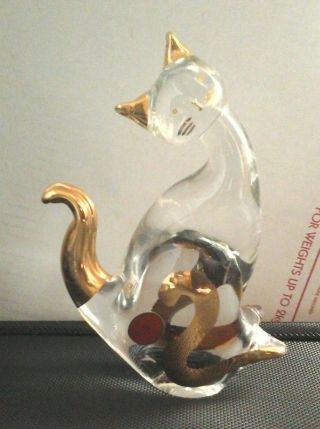 Vintage Murano Glass Cat With Gold Details Approx 16 Cm / 6 Inch High With Label
