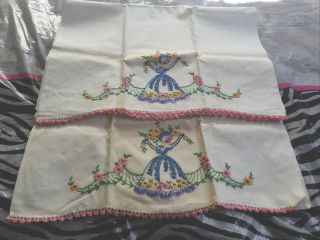 Vtg Southern Belle Pillowcases Embroidered Crochet Pink Edge Blue Dress