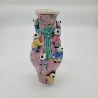 9.  5 " Vintage Chinese Porcelain Pink Fertility Vase 7 Children Handpainted Macau