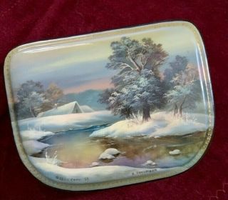 Vintage Russian Hand Painted Lacquer Abalone Jewelry Trinket Box Signed Winter