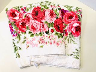 Vintage 1970’s Pink & Red Roses 3 Piece Bath Towel Set