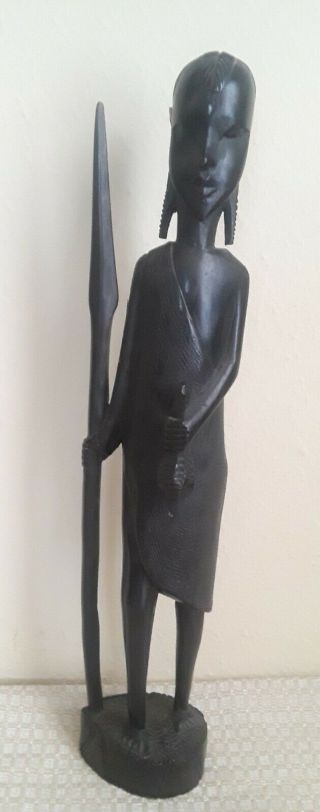 Vintage African Ebony Wood Hand Carved Sculpture Warrior Spear - 13 "
