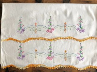 2 Vintage Hand Embroidered Floral Pillowcases Crochet Edge Standard Cotton