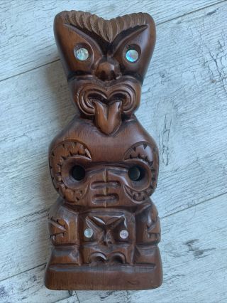 Vintage Zealand Maori Wood Carved Statue Paua Abalone Eyes 8”