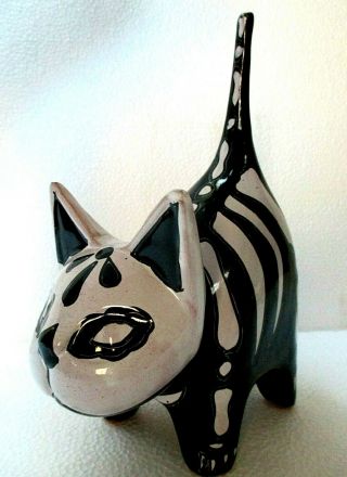 Mexican Folk Art Talavera Pottery Skeletal Cat Figure Day Of Dead 10 " Ceramic