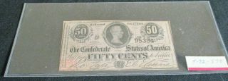 1864 Civil War Confederate States Of America Era Note Bill.  50 Fifty Cent Money