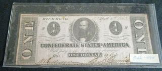 1863 Civil War Confederate States Of America Era Note Bill $1 One Dollar Money