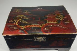 Vintage Japanese Lacquer Hand Painted Wood Jewelry Box W/ Abalone Inlay