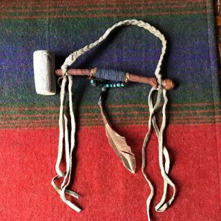 Vintage Native American Indian Peace Pipe Staghorn Wood Leather Beads Copper Art