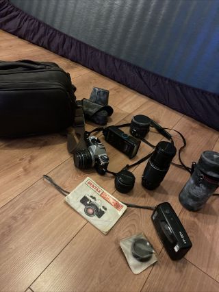 Vintage Pentax Me Camera With Lenses Book Bag Cases Flash Cpl