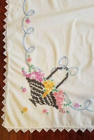 Vintage Hand Embroidered Linen Tablecloth Flower / Floral Basket 36 " X 45 "