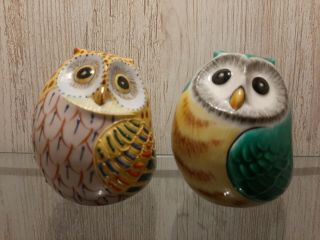 Asian Vintage Owls Hand - Painted Ceramic Signed And Numbered Unique Art