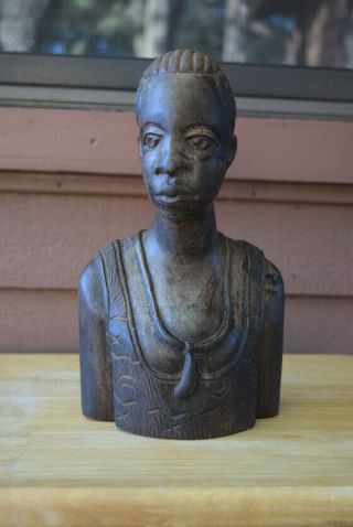 Hand Carved Macassar Ebony Wood African Tribal Woman Bust 11 " Tall Sculpture