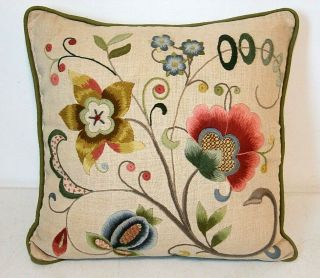 Vintage Crewel Embroidered Handmade 13 " X 13 " Throw Pillow,  Flowers