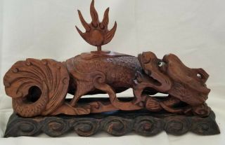 Vintage Chinese Carved Wood Dragon W/ Glass Eyes Figurine