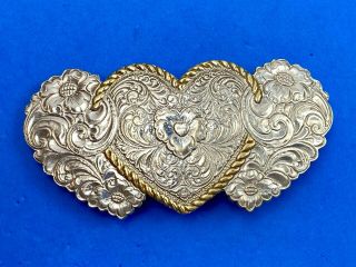 Triple Heart Western Belt Buckle Heavy Silver Plate On Jewelers Bronze Crumrine