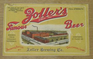 1 Beer Label From Davenport,  Iowa,  Zoller 