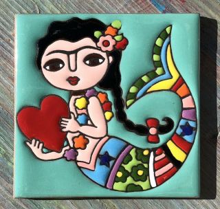 4 Talavera Tile Clay Pottery 4 " Hi Relief Day Of The Dead Frida Mermaid