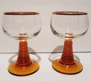 2 German Roemer Wine Glasses With Amber Beehive Stem A2