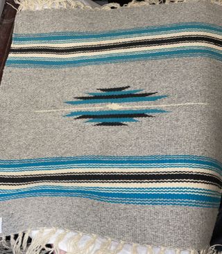 Ortega’s Chimayo Nm Wool Hand Woven Grey Black Teal White Tapestry Rug 19”x19