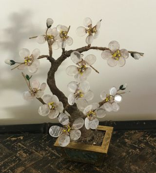 Vintage Chinese Jade Bonsai Tree W/jade Base & Pink Coral Carved Floral Centers