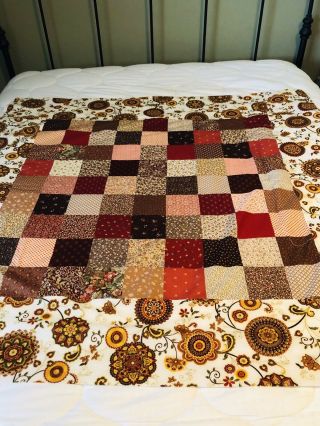 Vintage 70s - 80s One - Patch Quilt Top In Browns,  Rusts,  Tans 52 - In.  Square