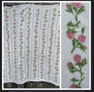 Vtg Blanket Chatham Purrey Pink Rose Flower Trellis Satin Trim Double 70 X 80