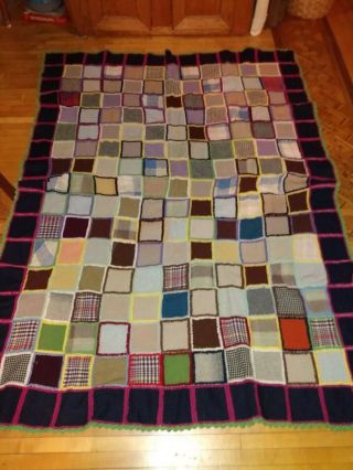 Antique,  Wool & Crocheted Squares,  Coverlet/quilt.  51 " X 68 ",  Old Wool Squares