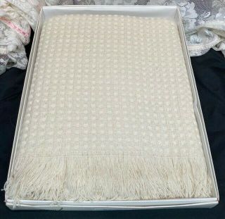 Vintage FARIBO 100 wool Fringed Blanket Throw Natural in Origional Box 50”x70” 2