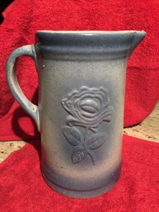 Vintage Pottery Salt Glaze Blue & White Stoneware Garden Rose 9 " Pitcher 1920s