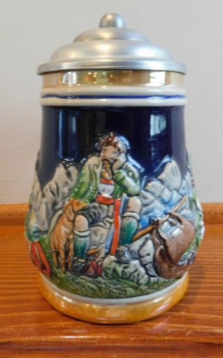 Vintage Gerz Beer Mug Stein With Lid - Hunter And Dog And Edelweiss - W.  German