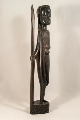 African Tribal Wood Carving - Warrior Statue Sculpture Spear Primitive Vintage