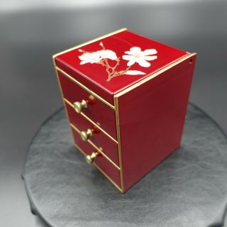 Vintage Magnolia Otagiri Japan Lacquer Jewelry/trinket Box 3 Drawer W/ Mirror