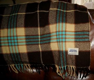 Vintage Amana Woolen Mills Buffalo Check Plaid Wool Blanket Throw Brown 58 X 65