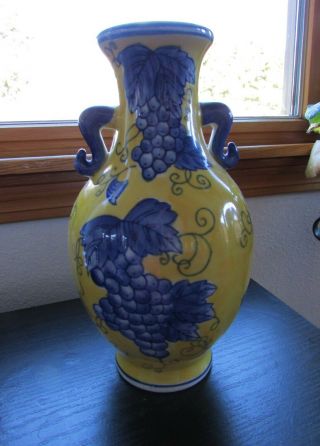 Vintage Asian Blue,  Yellow & White Porcelain Double Handled Vase Grapes Signed