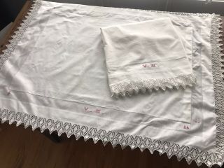 2 Vintage White Cotton Pillow Covers Shams Pillowcases Red Work 2 " Lace 20x30