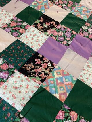Vintage Handmade 4 Patch Quilt 61x84 Throw 825 Hand Tied
