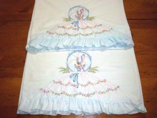 2 - Vtg.  Hand Embroidered Southern Belle Pillowcases W/ Rufled Edge,  30 1/2 " X 20 "