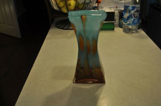 Vintage Murano Art Glass Blue & Brown Hand Decorated Vase