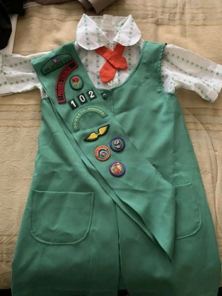 Vintage 1970s Junior Girl Scout Uniform (dress,  Blouse,  Necktie,  Sash,  Hat)