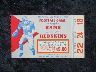 Vintage August 11,  1961 Los Angeles Times Rams Vs Redskins Ticket Stub T852