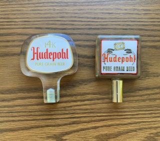 (2) Vintage 14k Hudepohl Pure Grain Beer Keg Tap Handle Knobs