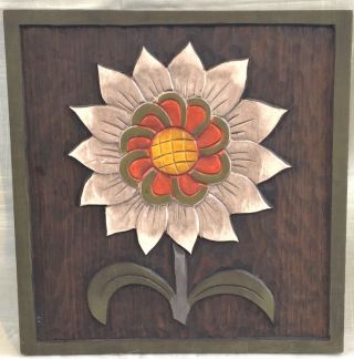 Vintage Hand Carved & Painted Bas Relief Wood Wall Plaque 1970 Mexico,  Sunflower