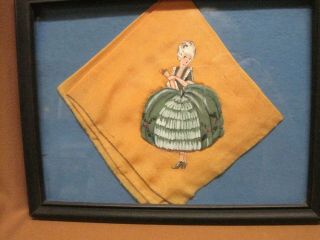 Hand Painted Silk Handkerchief Orange Fabric Colonial Lady W/ Green 3d Skirt
