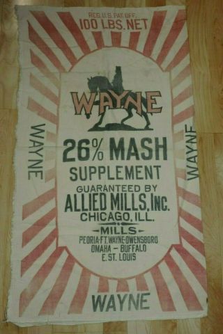 Vintage Wayne Mash Supplement Feed Bag Sack Allied Mills Chicago Horse Graphics