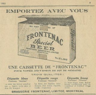 1915 Frontenac Special Beer Case Ad In French