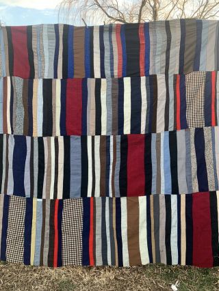 Vintage Hand Pieced Sring Or Strip Heavy Quilt Top From Old Clothes/mixed Fabric