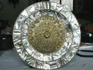 Solid Brass Aztec Mayan Sun Calendar Wall Hanging Plate With Abalone Decor