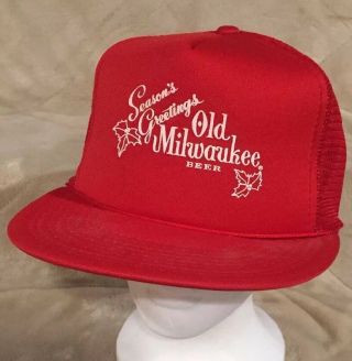 Vtg Old Milwaukee Beer Seasons Greetings Red Rope Mesh Trucker Snapback Hat Cap