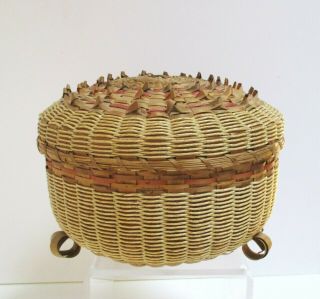 Native American Lidded Basket With Loop Feet,  Porcupine Top,  Mic Mac?